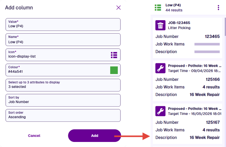 An example new column named Low, with the properties used to add it
