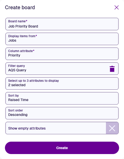 The Create Board window displaying the properties of a new board