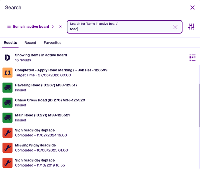 The Search window showing items of the active board