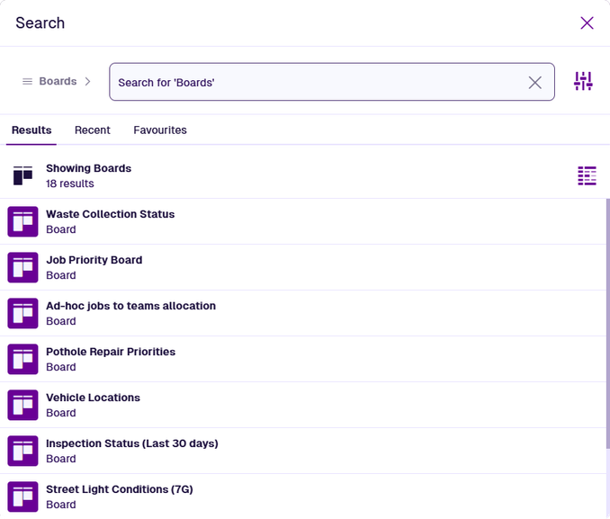 A list of boards in the Search window