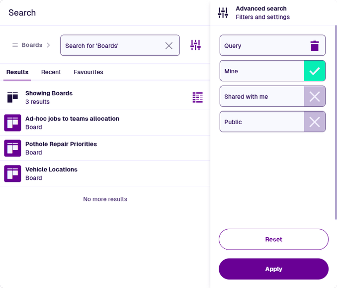 The Search window showing a filtered set of boards