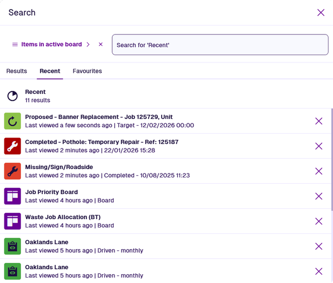The Search window showing recently viewed items