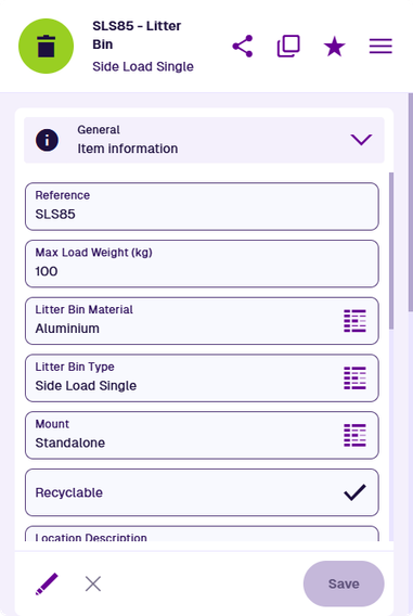 Example attributes populated on an item of a custom Litter Bin design