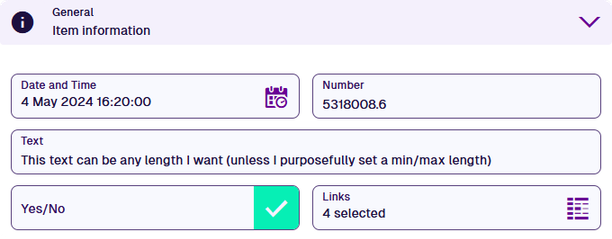 Some example item attributes and values