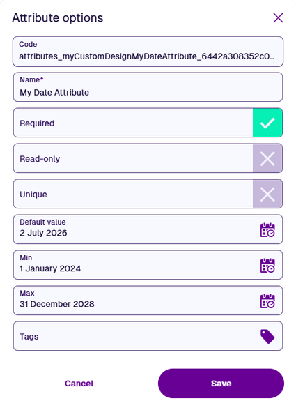 The properties of a Date attribute