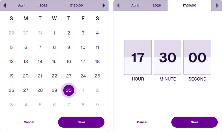Selecting a date and time value in the calendar picker
