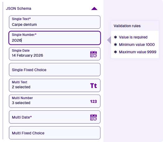 A JSON attribute with schema appearing as a dropdown list of fields when creating/editing an item using an item form