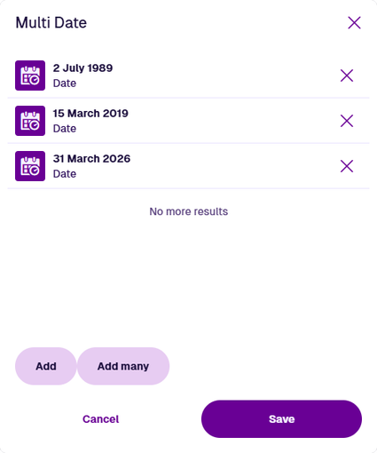 A multi-value input window containing three date values