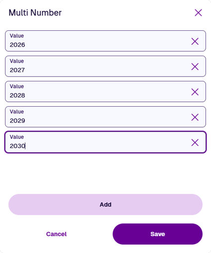 A multi-value input window containing 5 number values