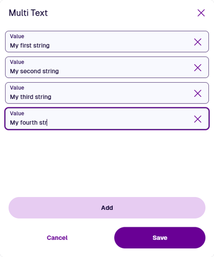A multi-value input window containing 4 string values