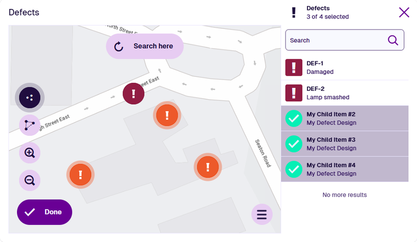 Three items are selected in the map picker