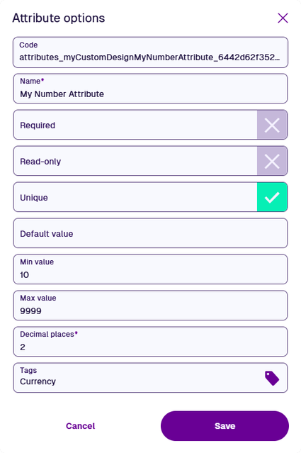 The properties of a Number attribute