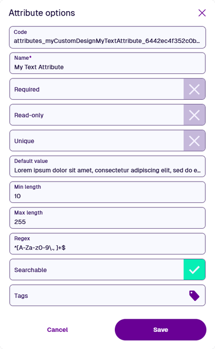 The properties of a Text attribute