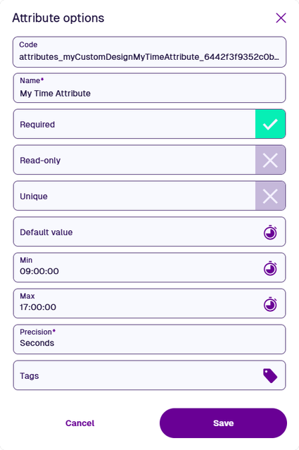 The properties of a Time attribute