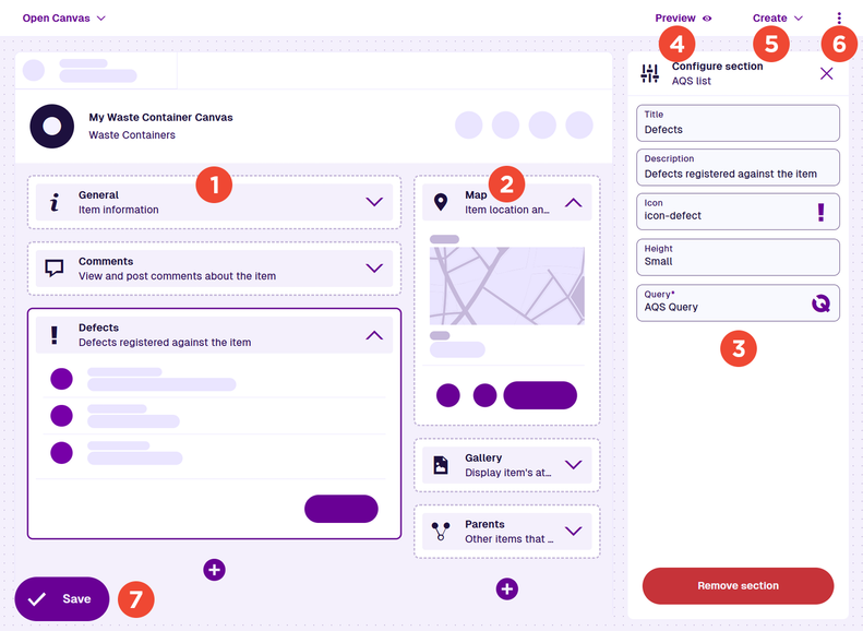 An overview of the Item Canvas Builder with key areas numbered