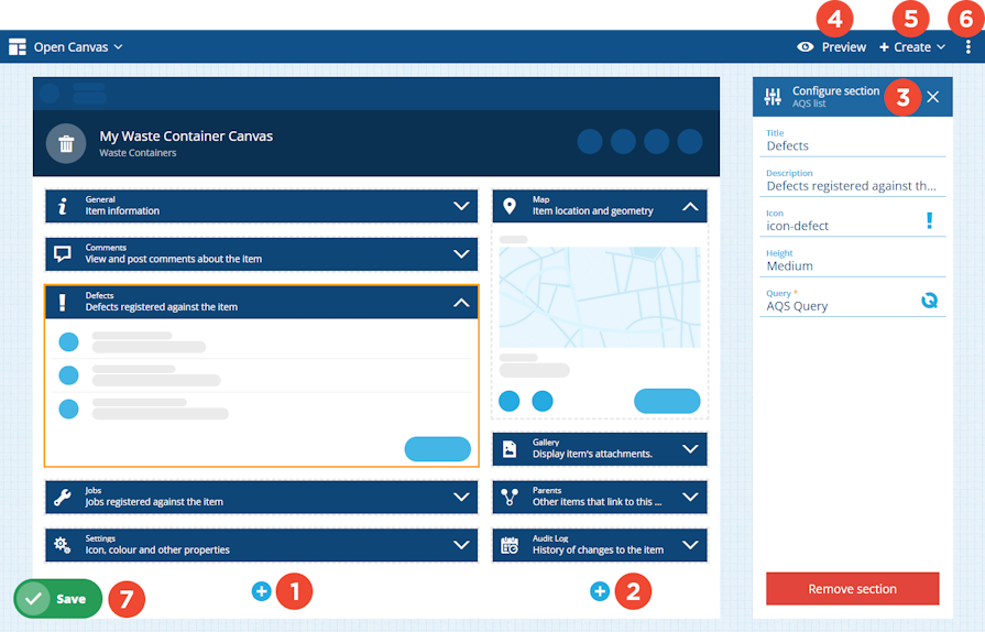 An overview of the Item Form Builder with key areas numbered