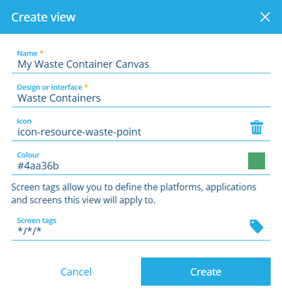 The Create View window displaying the properties of a new canvas view