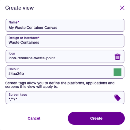The Create View window displaying the properties of a new canvas view