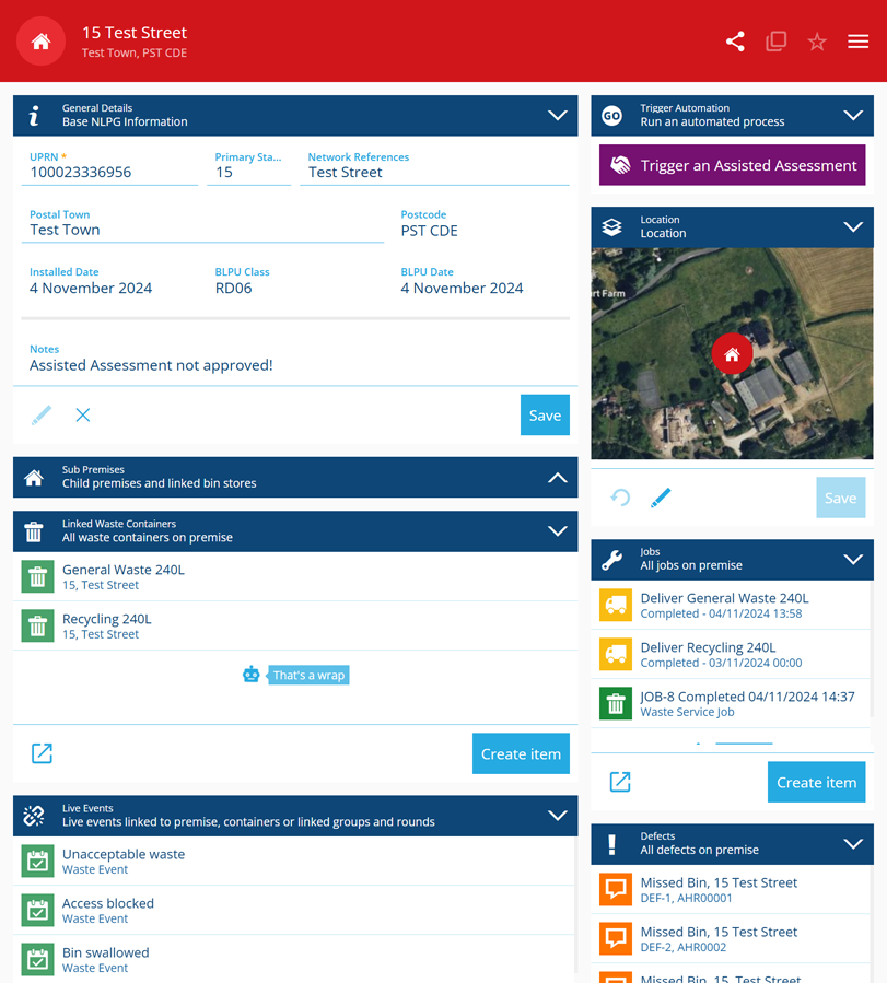An example canvas view of a Premises item, showing several AQS list sections with custom queries