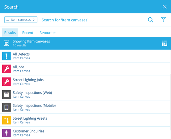 A list of canvas views in the Search window
