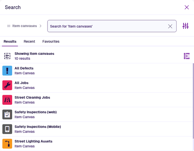 A list of canvas views in the Search window