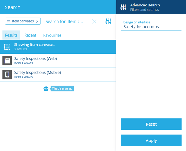 The Search window showing a filtered set of item canvas views