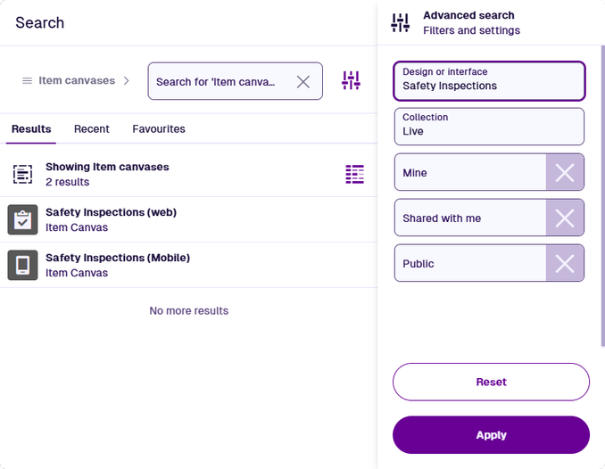 The Search window showing a filtered set of item canvas views