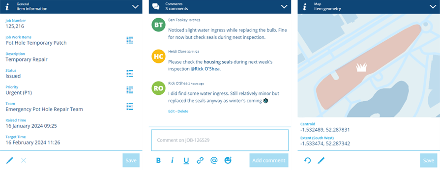 Two canvas sections showing General information and Comments