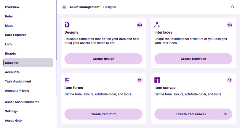 The start screen of the Designer app showing the features that can be managed and created