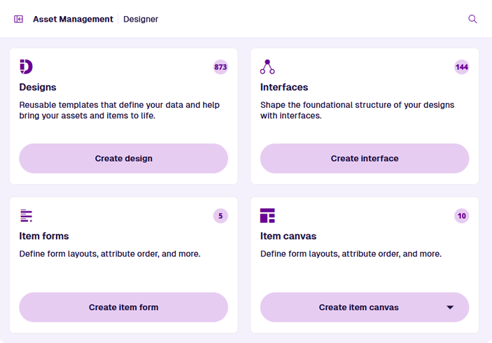 The start screen of the Designer app showing the features that can be managed and created