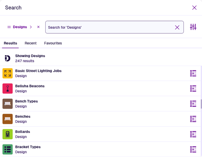 A list of designs in the Search window