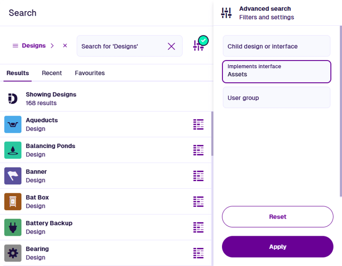 The Search window listing designs, with the Advanced Settings showing