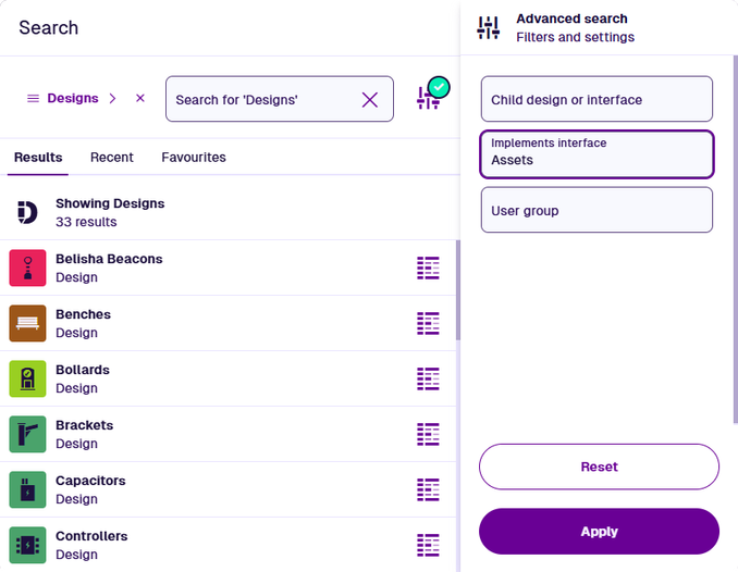 The Search window showing a filtered set of designs