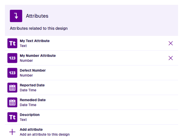The Attributes section of an example design, listing custom and inherited attributes