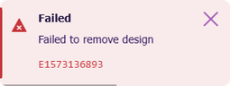 The error displayed after trying to delete a design with existing items