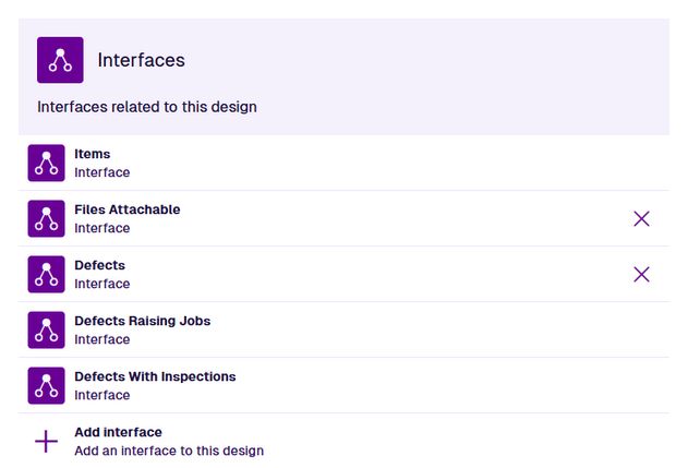 The Interfaces section of an example design, listing implemented and inherited interfaces