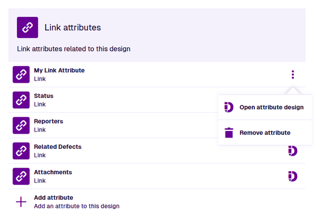 The Link attributes section of an example design, listing custom and inherited attributes