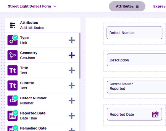 Design attributes listed on the left, with corresponding controls on the item form on the right.