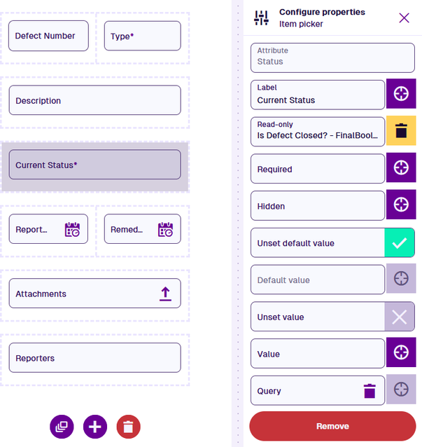 The Configure properties panel for the selected attribute control.