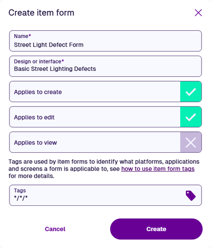 The Create Item Form window