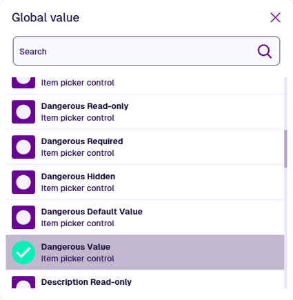 A list of available values for the global node