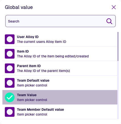 A list of available values for the global node
