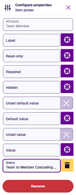 The Query property of the Team Member control showing as targeted to the expression