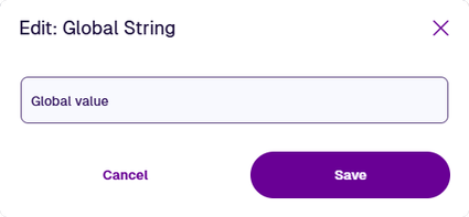 Edit dialog for a Global String node with an empty Global Value field.