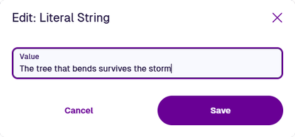 Edit dialog for a Literal String node with a populated Value field.