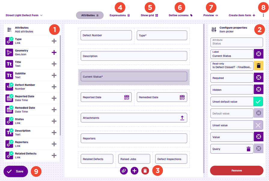 An overview of the Item Form Builder with key areas numbered