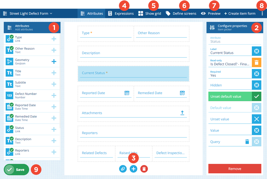 An overview of the Item Form Builder with key areas numbered