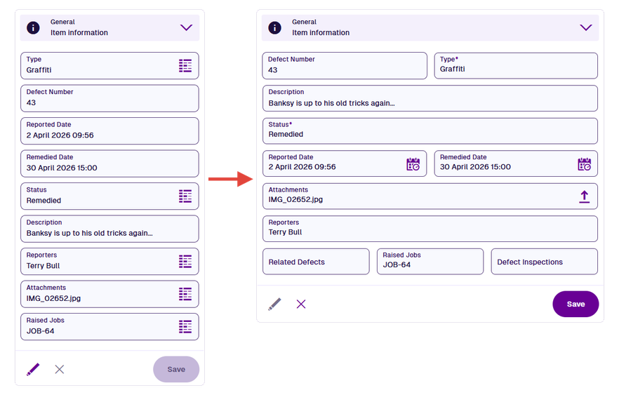 Default item attribute layout (left) compared to a customised item form (right).