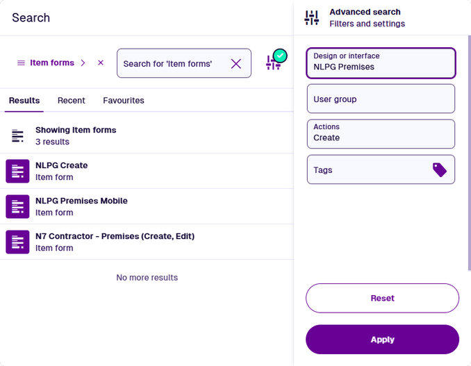 The Search window showing a filtered set of item forms