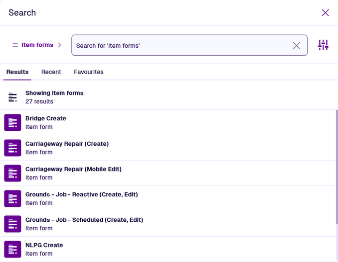 A list of item forms in the Search window
